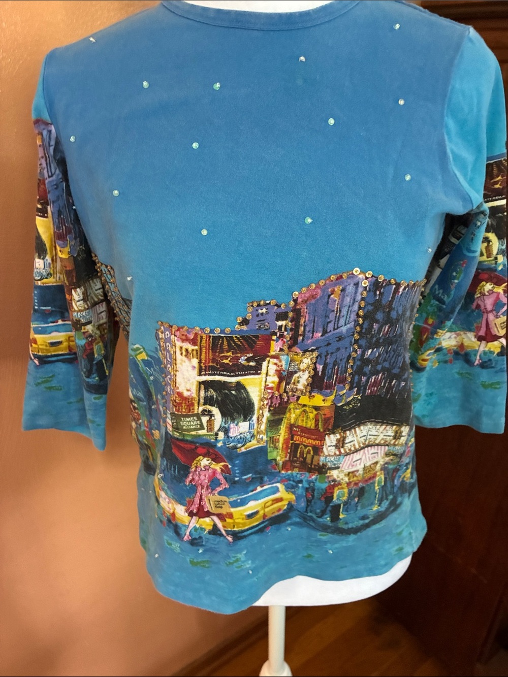 Blue Scenic Print Long-Sleeve Top with Embellishments